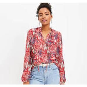 Loft Crazy Knit Split Neck Long Sleeve Blouse Womens Size Medium Red NWT